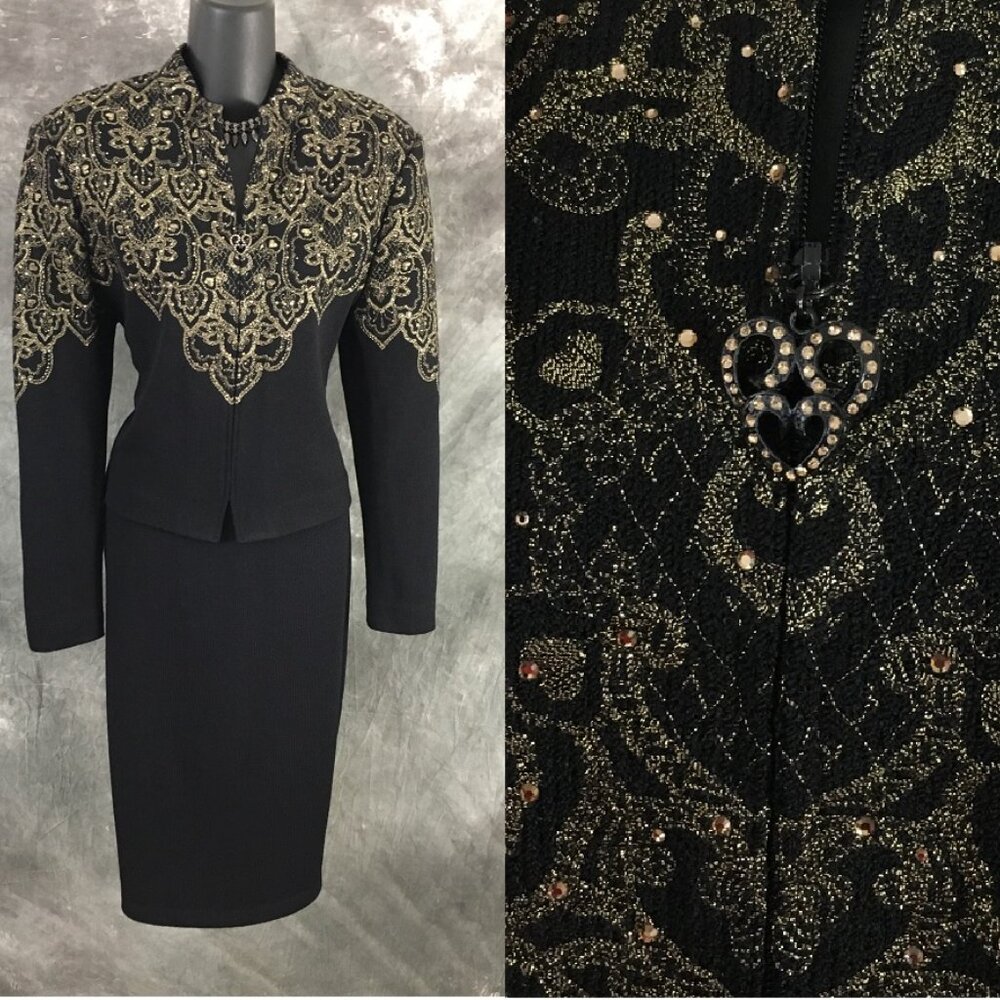 BEAUTIFUL St John evening knit black gold rhinestones embellished skirt suit 10